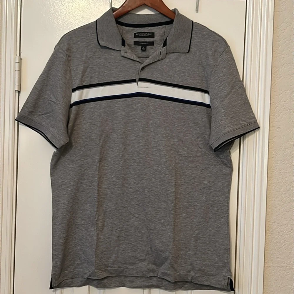 Banana Republic Luxury-Touch Striped Polo Shirt Gray Mens Size L Standard Fit